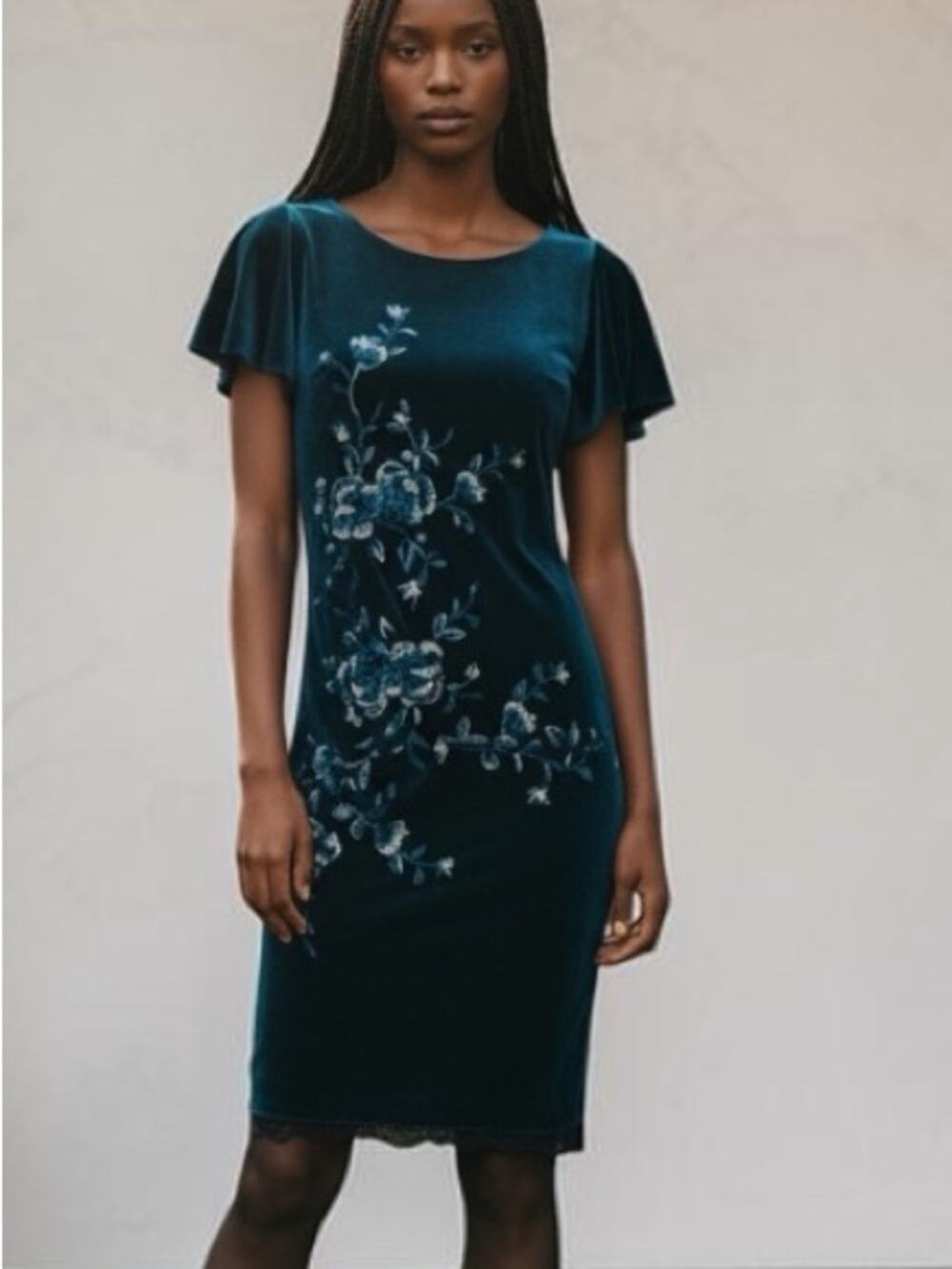 WHBM White House Black Market Velvet Embroidered Flutter-Sleeve Midi Dress XS